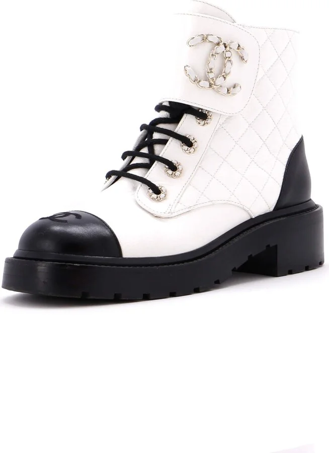 CHANEL Women's Chain CC Cap Toe Lace Up Combat Boots Quilted Shiny Calfskin