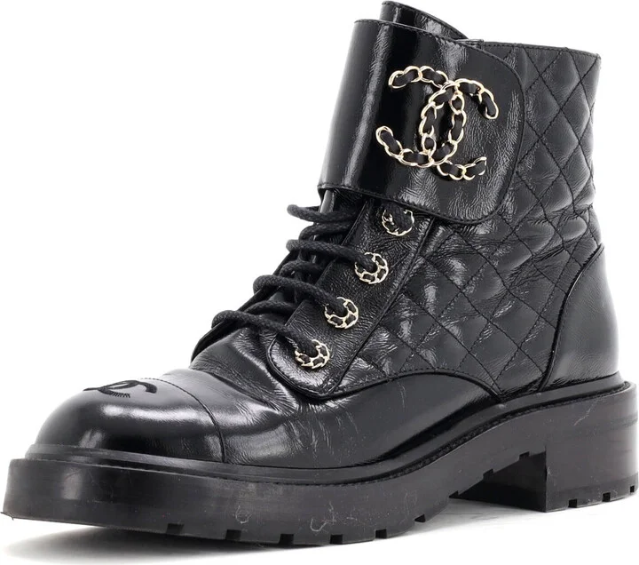 CHANEL Women's Chain CC Cap Toe Lace Up Combat Boots Quilted Shiny Calfskin