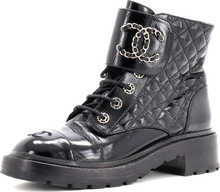 CHANEL Women's Chain CC Cap Toe Lace Up Combat Boots Quilted Shiny Calfskin