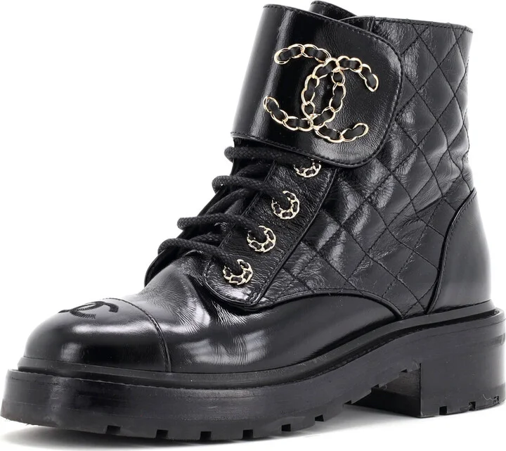 CHANEL Women's Chain CC Cap Toe Lace Up Combat Boots Quilted Shiny Calfskin