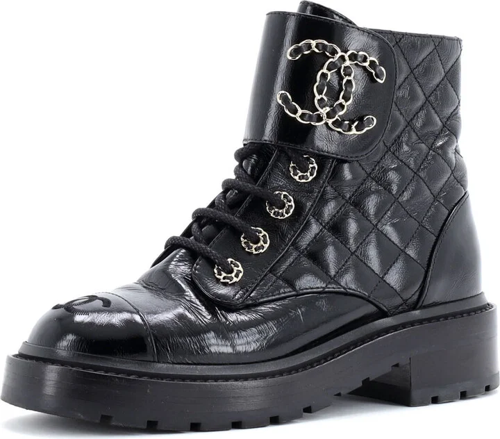 CHANEL Women's Chain CC Cap Toe Lace Up Combat Boots Quilted Shiny Calfskin