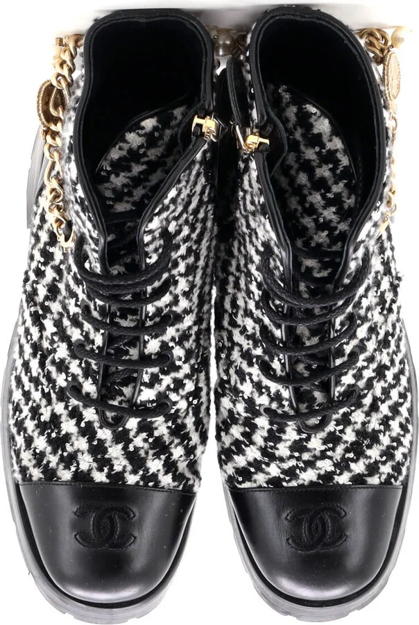 CHANEL Women's Chain CC Cap Toe Lace Up Combat Boots Tweed and Leather - Image 2