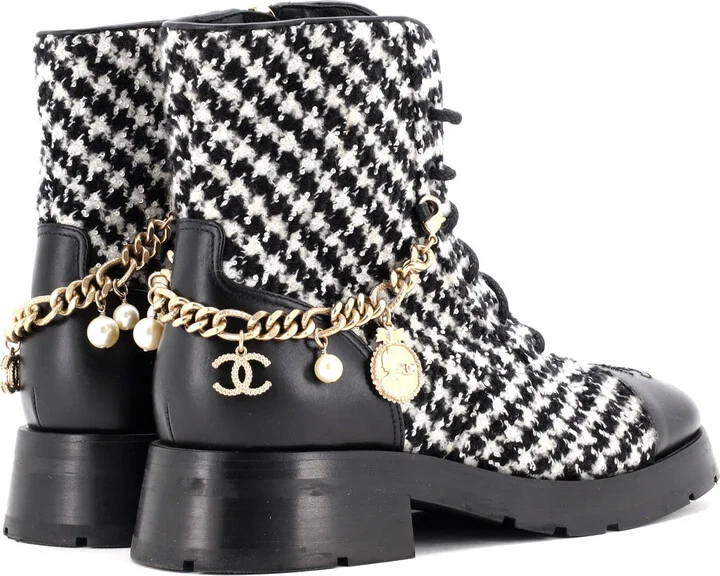 CHANEL Women's Chain CC Cap Toe Lace Up Combat Boots Tweed and Leather - Image 3