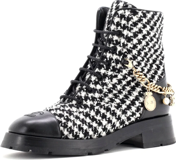 CHANEL Women's Chain CC Cap Toe Lace Up Combat Boots Tweed and Leather