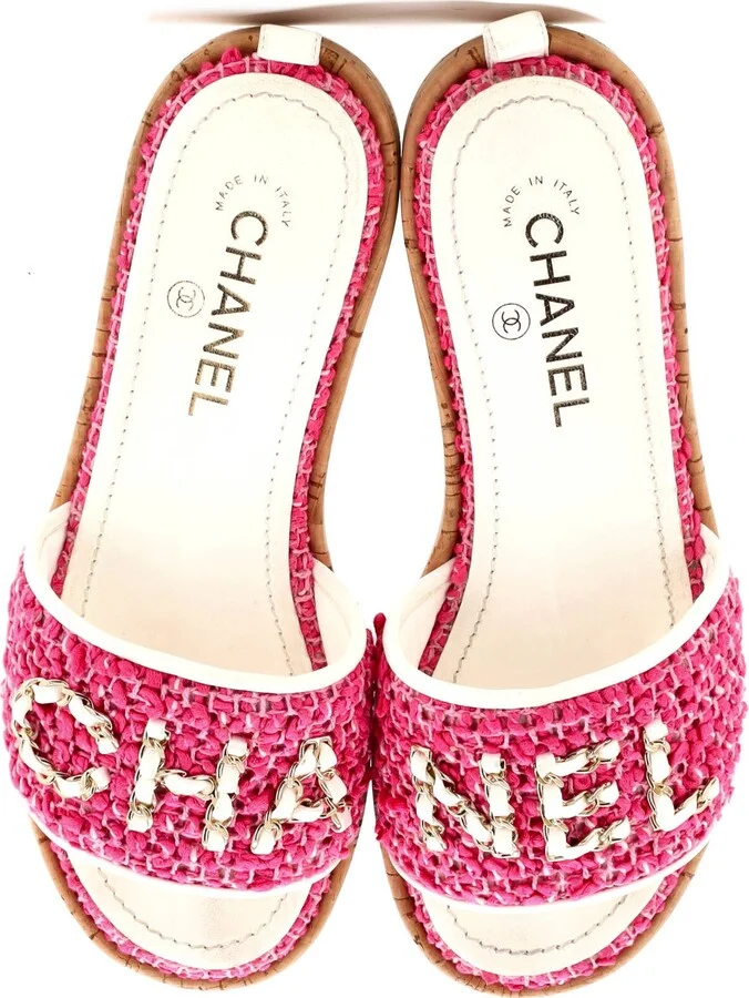 CHANEL Women's Chain CHA-NEL Mule Sandals Tweed and Cork - Image 2