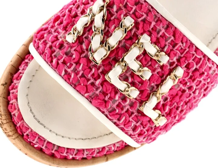 CHANEL Women's Chain CHA-NEL Mule Sandals Tweed and Cork - Image 5