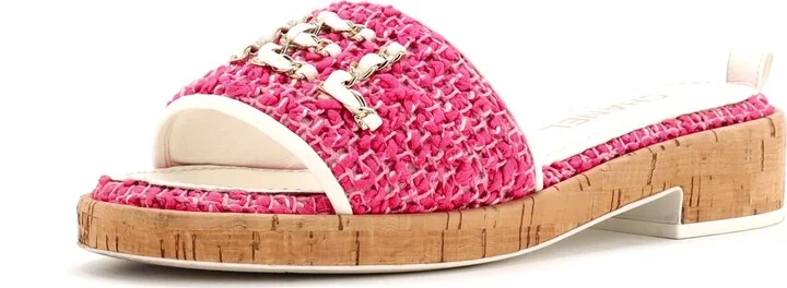 CHANEL Women's Chain CHA-NEL Mule Sandals Tweed and Cork
