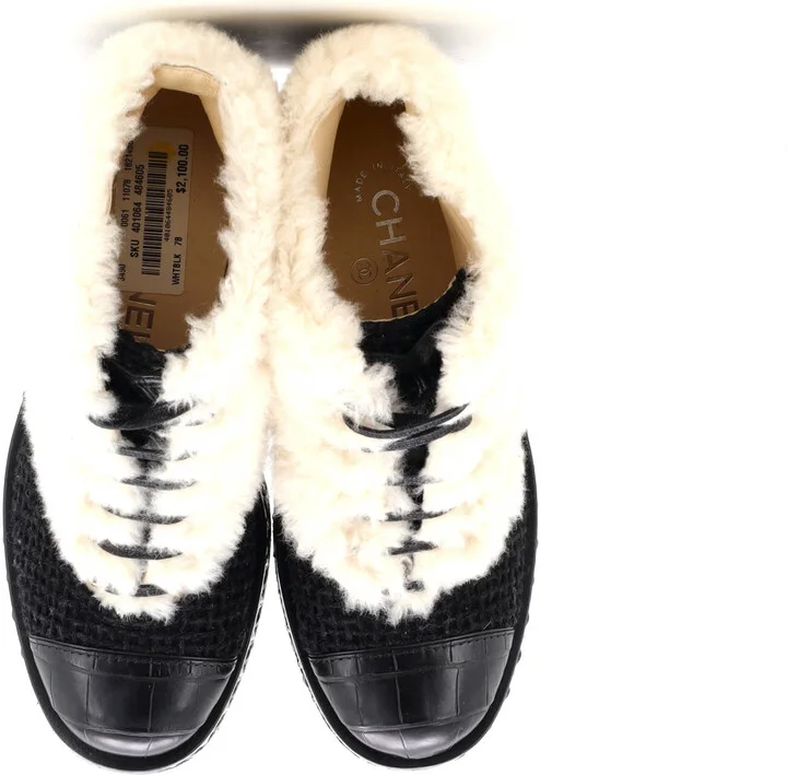 CHANEL Women's Chain Sole Cap Toe Lace Up Ankle Boots Tweed and Fur with Leather - Image 2