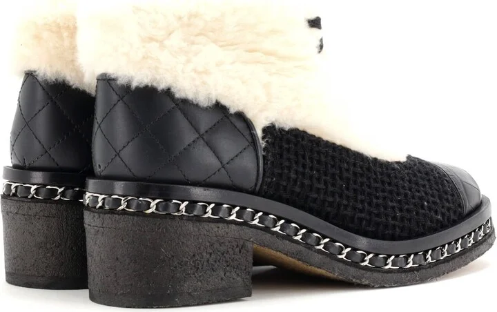 CHANEL Women's Chain Sole Cap Toe Lace Up Ankle Boots Tweed and Fur with Leather - Image 3