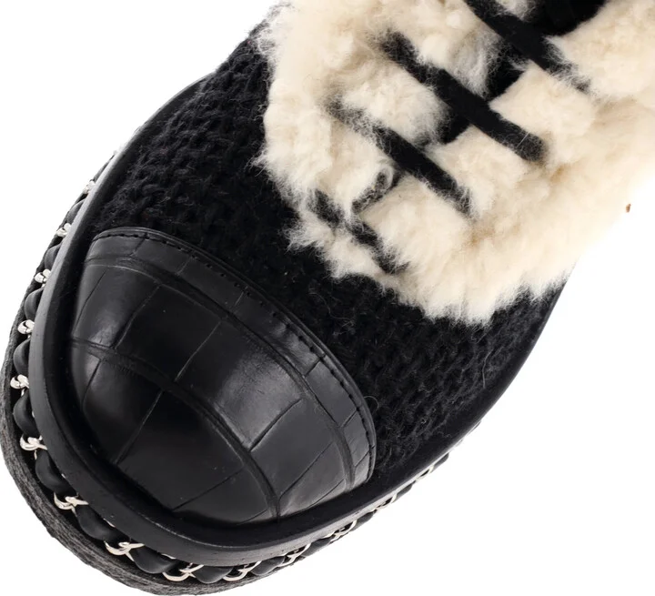 CHANEL Women's Chain Sole Cap Toe Lace Up Ankle Boots Tweed and Fur with Leather - Image 5
