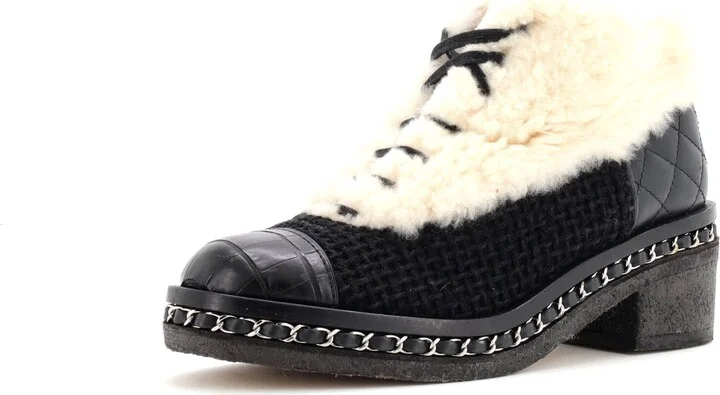 CHANEL Women's Chain Sole Cap Toe Lace Up Ankle Boots Tweed and Fur with Leather