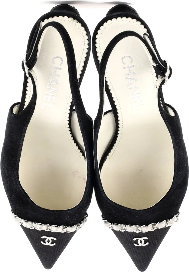 CHANEL Women's Chained Pointed CC Cap Toe Slingback Pumps Suede - Image 2
