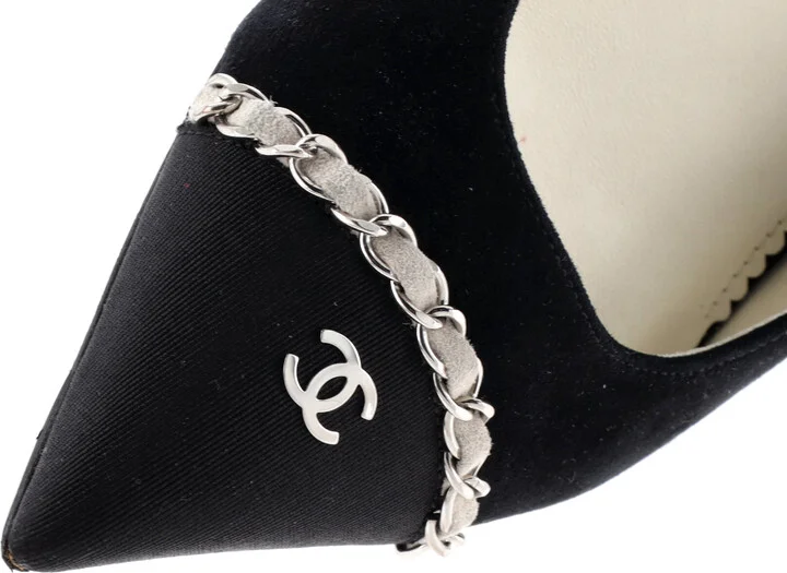 CHANEL Women's Chained Pointed CC Cap Toe Slingback Pumps Suede - Image 5