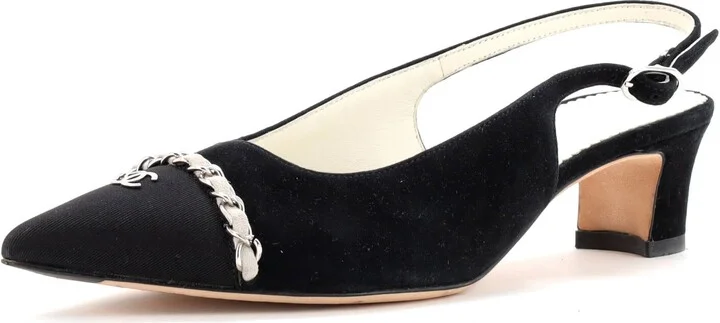 CHANEL Women's Chained Pointed CC Cap Toe Slingback Pumps Suede