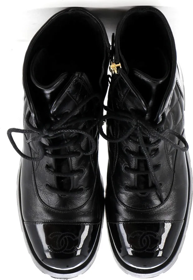 CHANEL Women's Charm Chain CC Cap Toe Combat Boots Quilted Leather - Image 2