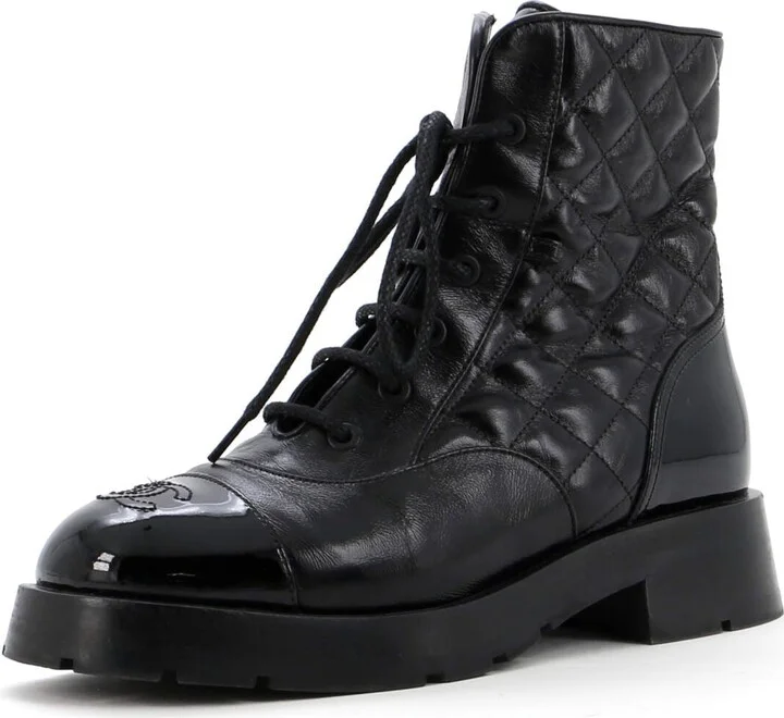 CHANEL Women's Charm Chain CC Cap Toe Combat Boots Quilted Leather