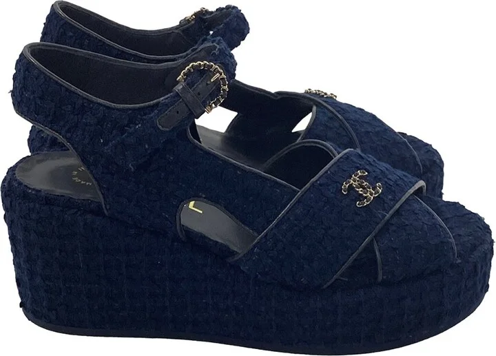 Chanel Women's Cotton Tweed Cc Wedge Sandal (Authentic Pre-Loved) - Image 2