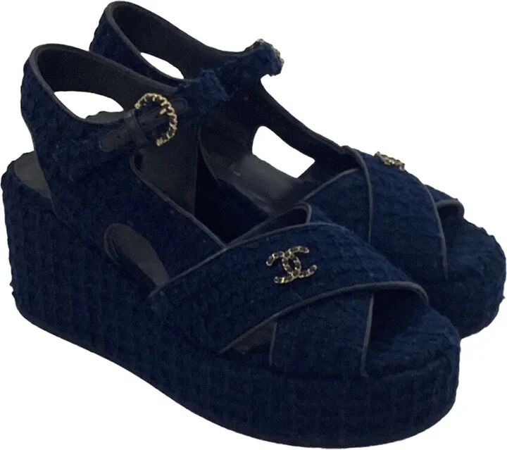 Chanel Women's Cotton Tweed Cc Wedge Sandal (Authentic Pre-Loved)