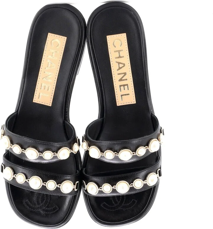 CHANEL Women's Double Strap Slide Sandals Leather and Faux Pearls - Image 2