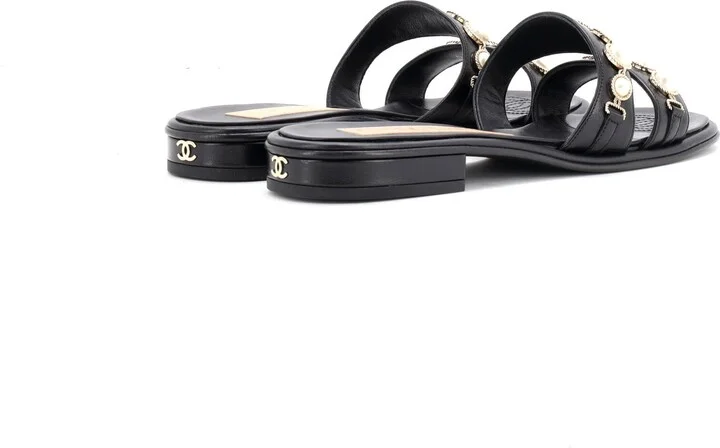 CHANEL Women's Double Strap Slide Sandals Leather and Faux Pearls - Image 3