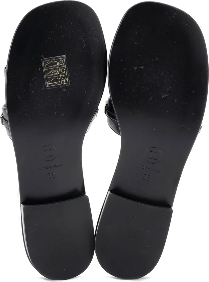 CHANEL Women's Double Strap Slide Sandals Leather and Faux Pearls - Image 4