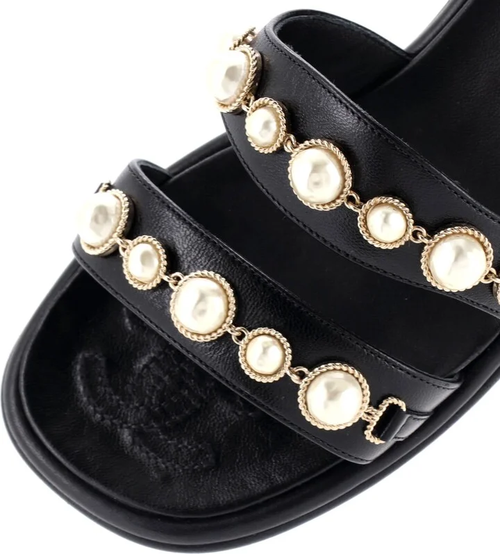 CHANEL Women's Double Strap Slide Sandals Leather and Faux Pearls - Image 5