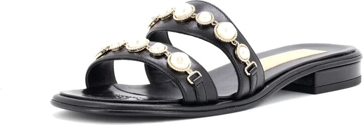 CHANEL Women's Double Strap Slide Sandals Leather and Faux Pearls
