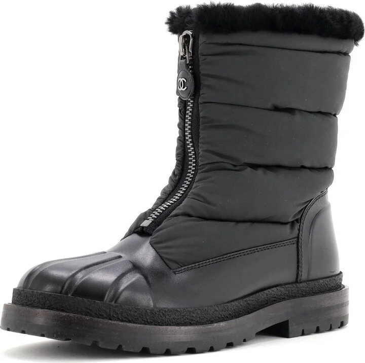 CHANEL Women's Front Zip Hiking Boots Leather and Nylon with Shearling