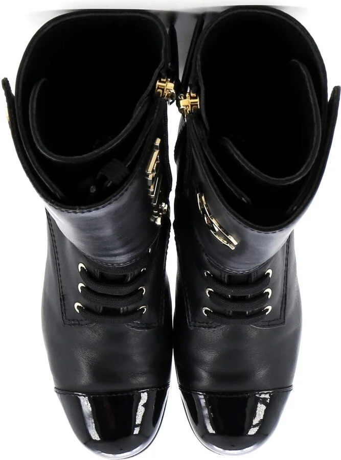 CHANEL Women's Logo Button Snap Cap Toe Boots Leather with Patent - Image 2