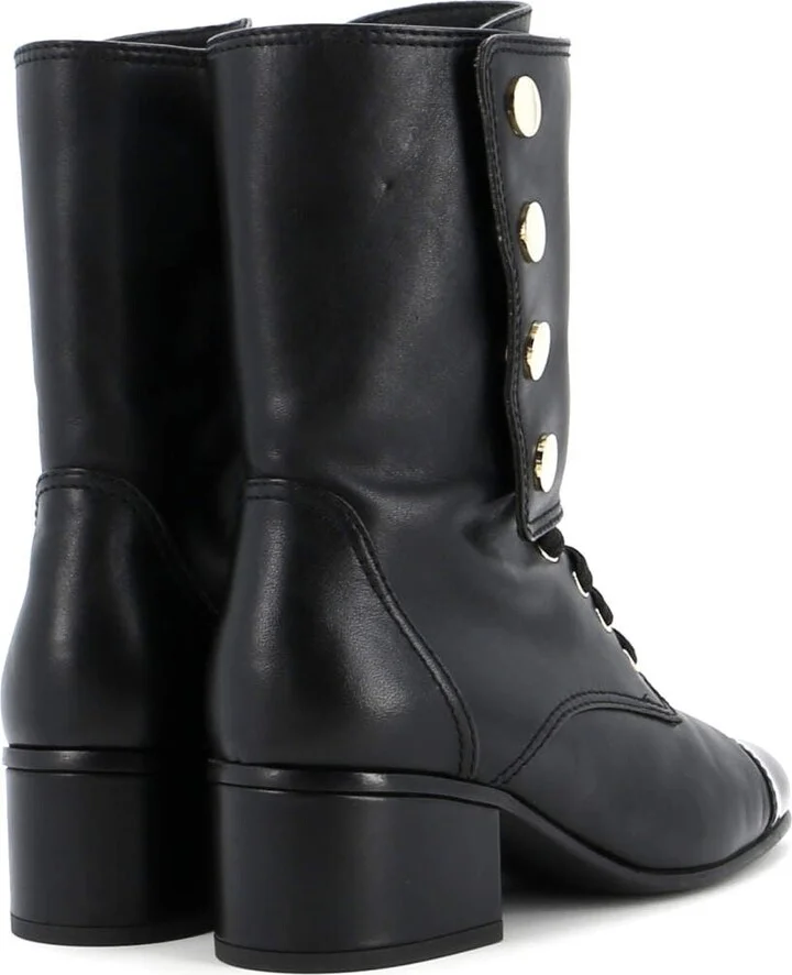 CHANEL Women's Logo Button Snap Cap Toe Boots Leather with Patent - Image 3