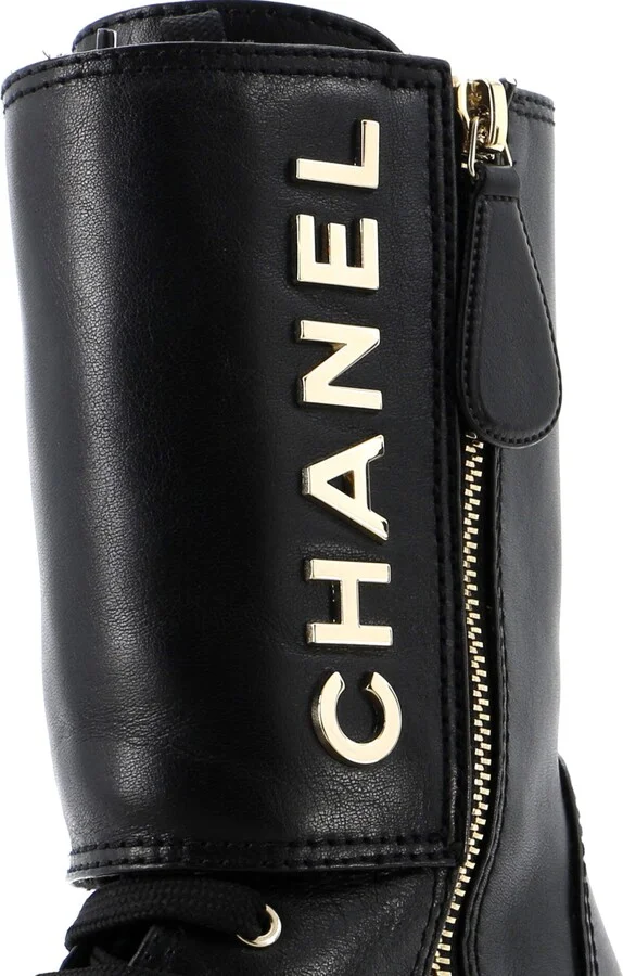 CHANEL Women's Logo Button Snap Cap Toe Boots Leather with Patent - Image 5