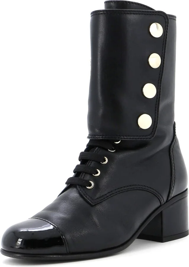 CHANEL Women's Logo Button Snap Cap Toe Boots Leather with Patent
