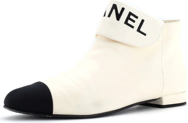 CHANEL Women's Logo Cap Toe Ankle Boots Leather with Grosgrain