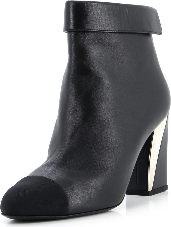 CHANEL Women's Logo Cap Toe Fold Over Boots Leather with Grosgrain