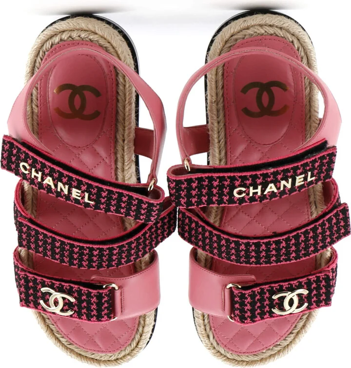 CHANEL Women's Logo Triple Strap Velcro Espadrille Sandals Fabric and Leather - Image 2