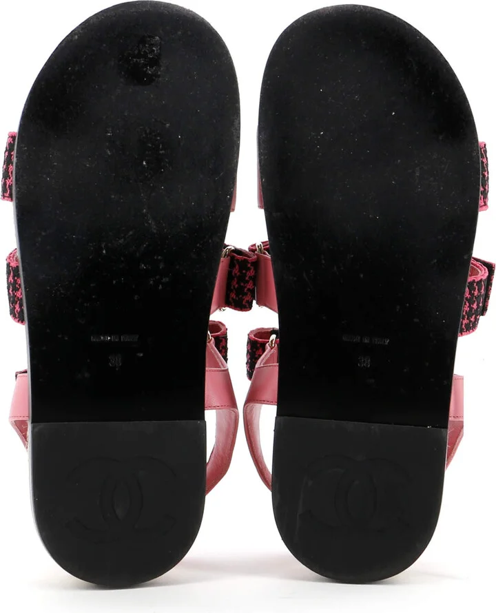 CHANEL Women's Logo Triple Strap Velcro Espadrille Sandals Fabric and Leather - Image 4