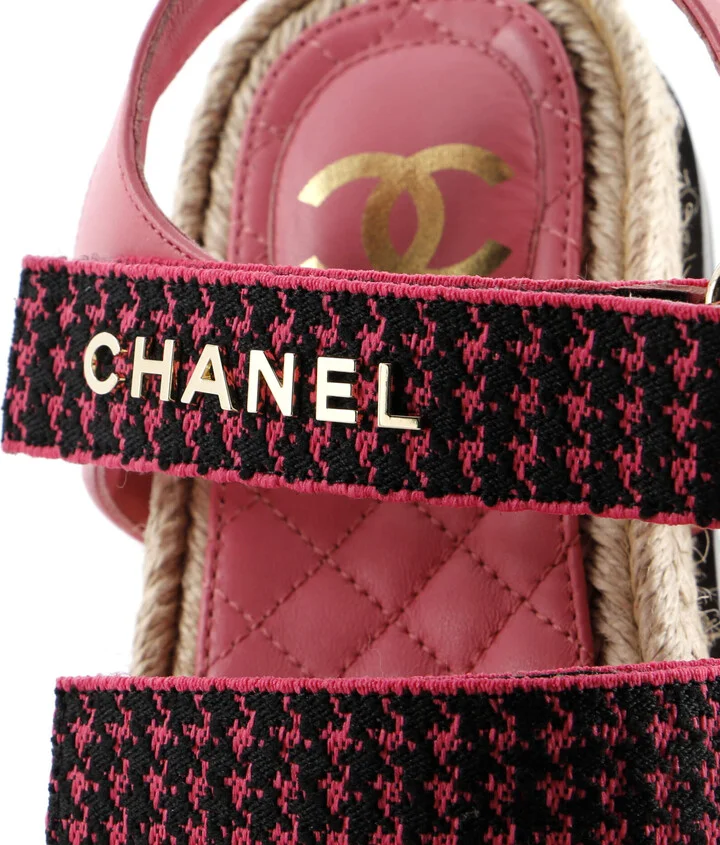 CHANEL Women's Logo Triple Strap Velcro Espadrille Sandals Fabric and Leather - Image 5