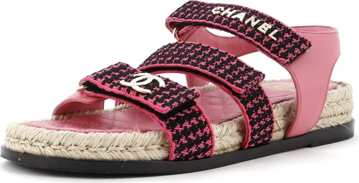 CHANEL Women's Logo Triple Strap Velcro Espadrille Sandals Fabric and Leather