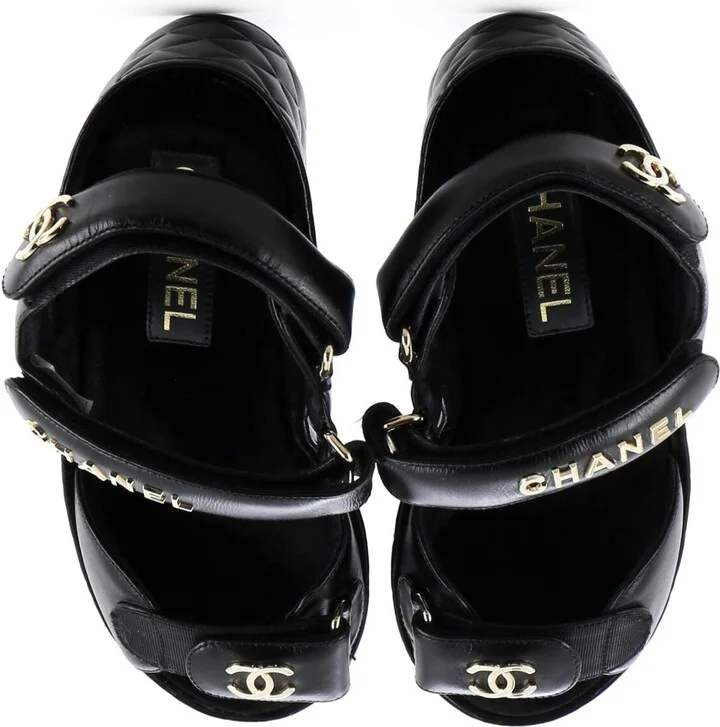 CHANEL Women's Logo Velcro Strap Wedge Sandals Quilted Leather - Image 4