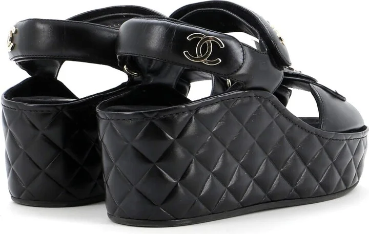 CHANEL Women's Logo Velcro Strap Wedge Sandals Quilted Leather - Image 5