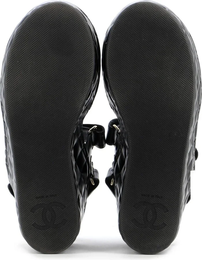 CHANEL Women's Logo Velcro Strap Wedge Sandals Quilted Leather - Image 7