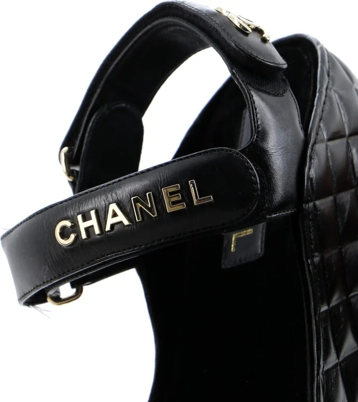 CHANEL Women's Logo Velcro Strap Wedge Sandals Quilted Leather - Image 9