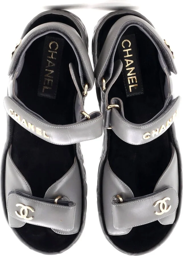 CHANEL Women's Logo Velcro Strap Wedge Sandals Quilted Leather - Image 2