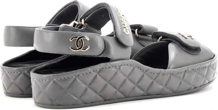 CHANEL Women's Logo Velcro Strap Wedge Sandals Quilted Leather - Image 3