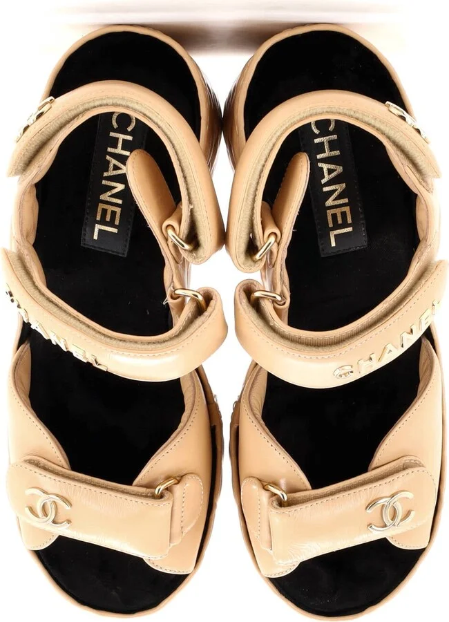 CHANEL Women's Logo Velcro Strap Wedge Sandals Quilted Leather - Image 2