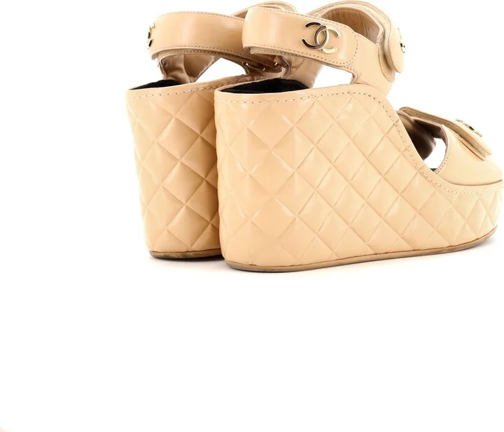 CHANEL Women's Logo Velcro Strap Wedge Sandals Quilted Leather - Image 3