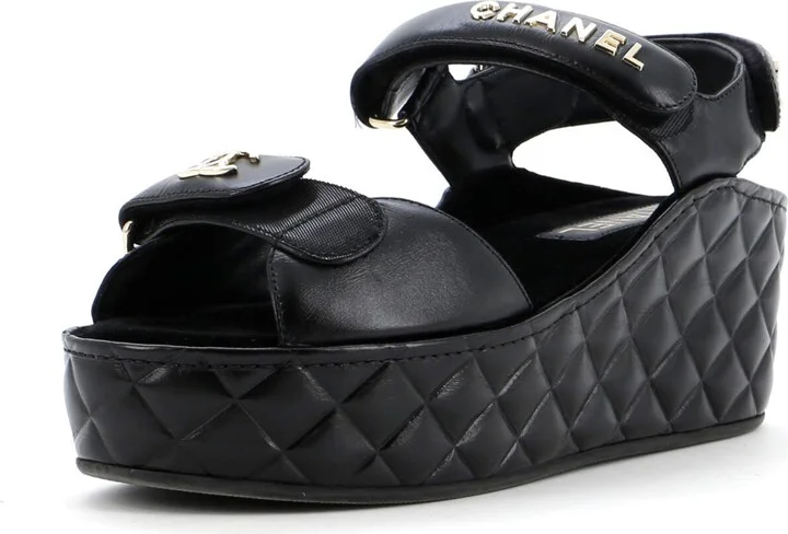 CHANEL Women's Logo Velcro Strap Wedge Sandals Quilted Leather