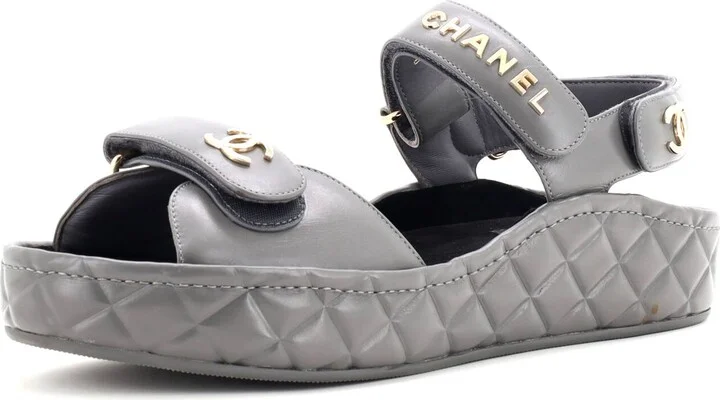 CHANEL Women's Logo Velcro Strap Wedge Sandals Quilted Leather
