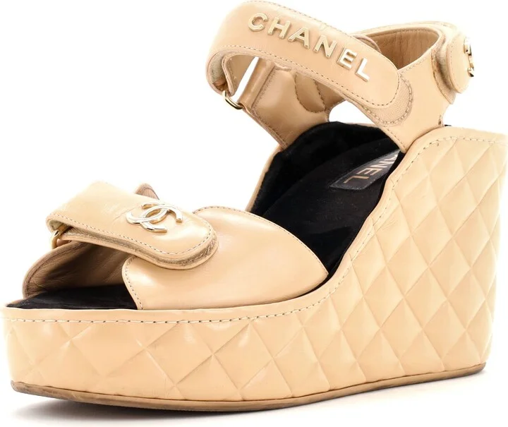 CHANEL Women's Logo Velcro Strap Wedge Sandals Quilted Leather