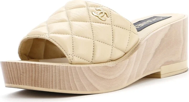 CHANEL Women's Open Toe Platform Sandals Quilted Leather and Wood